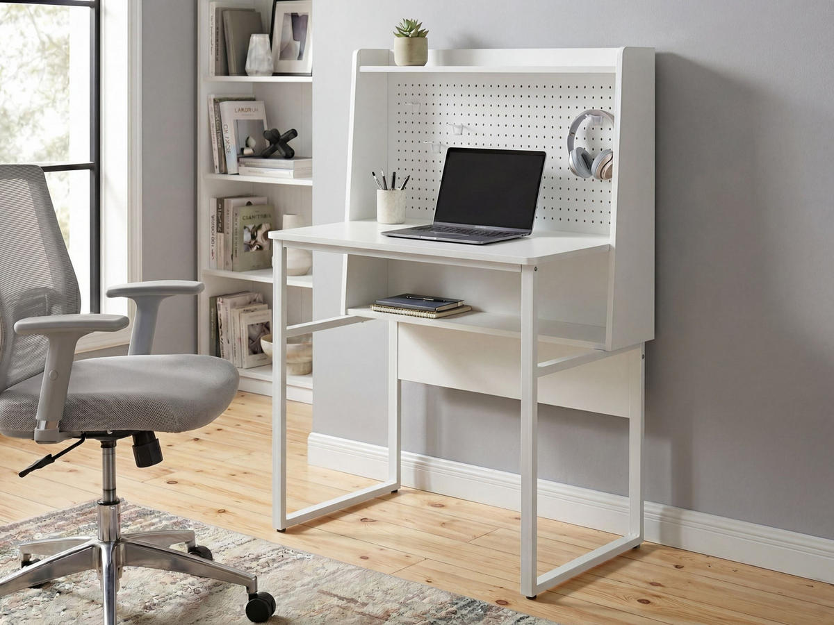PSACÍ STŮL s děrovanou deskou Bílý 84/48 cm Buxton - bílá, kompozitní dřevo (48/84/121cm) - Beliani