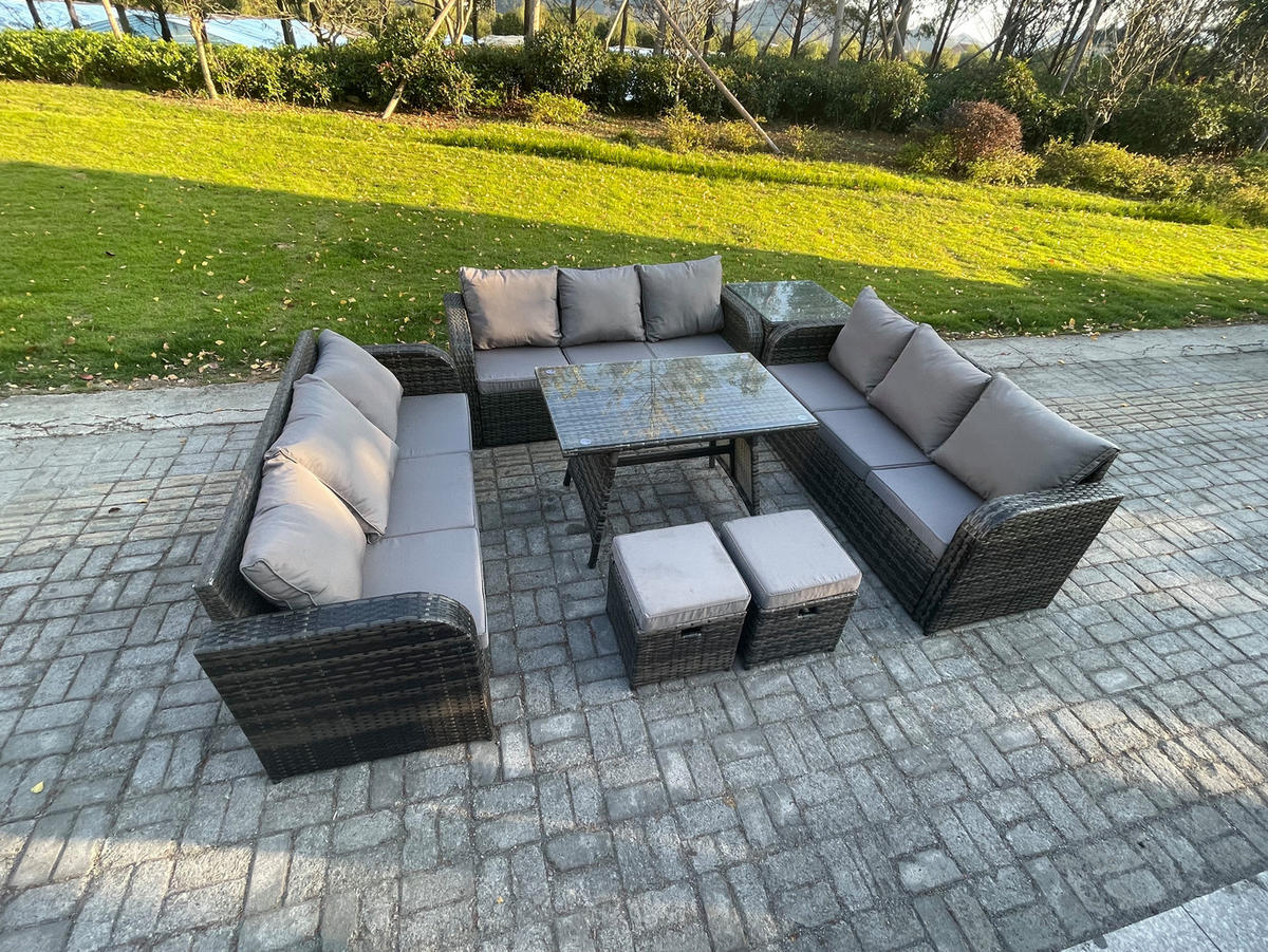 GARTENMÖBELSET mit ESSTISCH, 3-SITZER SOFA Polyrattan 11-Sitzer - Dunkelgrau/Grau, Glas/Kunststoff - Fimous