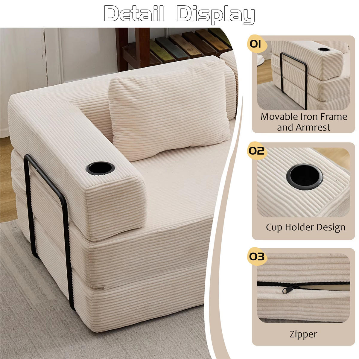 SCHLAFSOFA Cord 3-Sitzer mit Getränkehaltern und Schlaffunktion - Beige, Textil (300/63/100cm) - Kaket