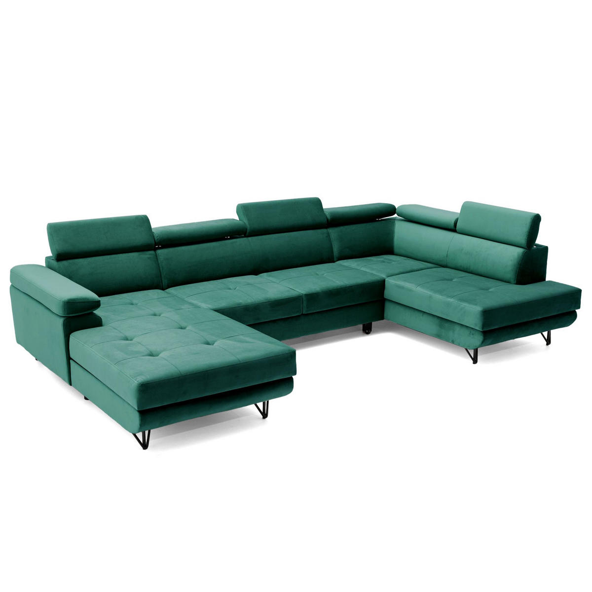 ECKSOFA U-Form JUNIOR U Rechts mit Schlaffunktion 128x254 Velours Dunkelgrün - Dunkelgrün/Schwarz, Holz/Textil (184/90/323cm) - Muffo