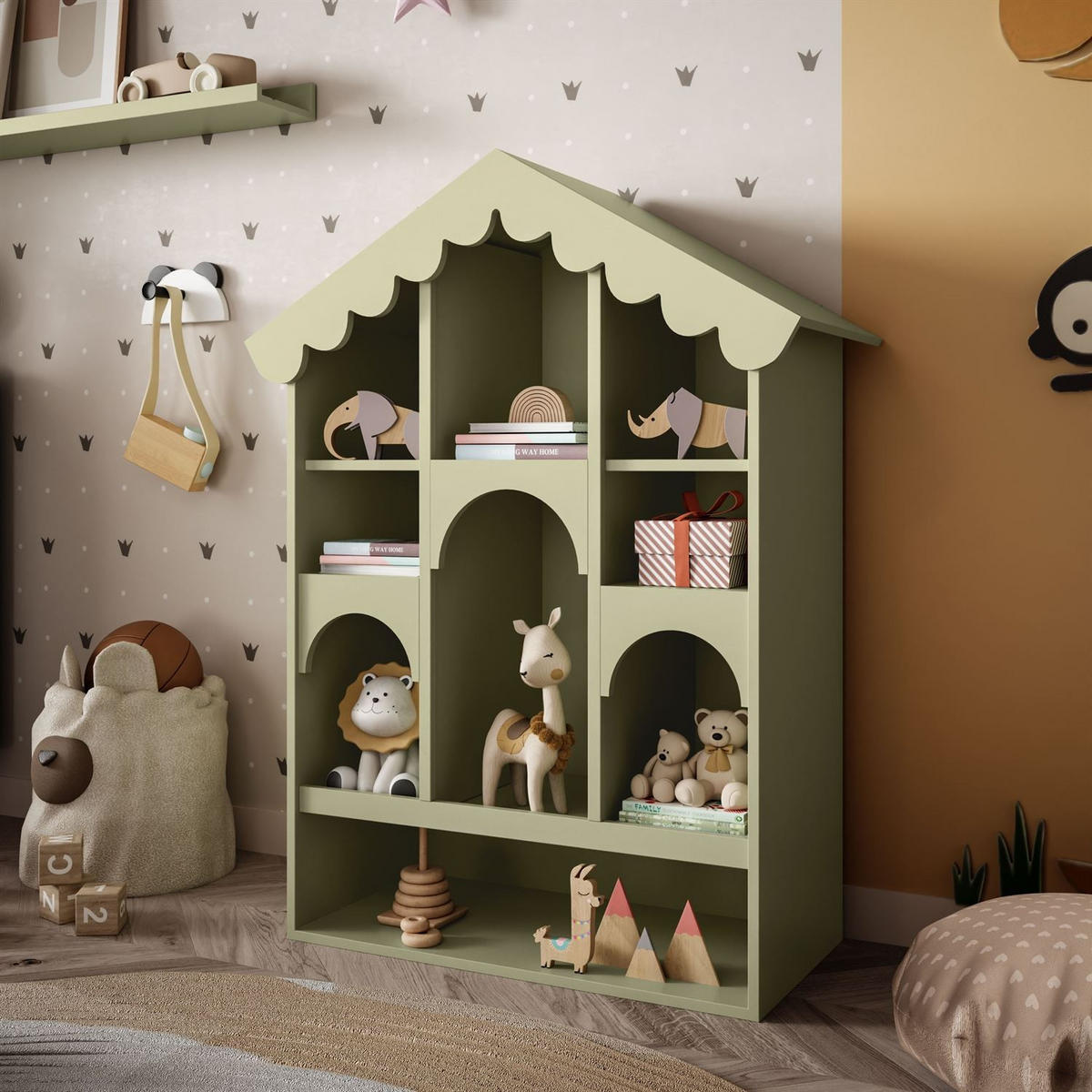 BABYREGAL BABUSHKA – Puppenhaus-Design, Olivgrün - Olivgrün, Holzwerkstoff (90/119/39cm)