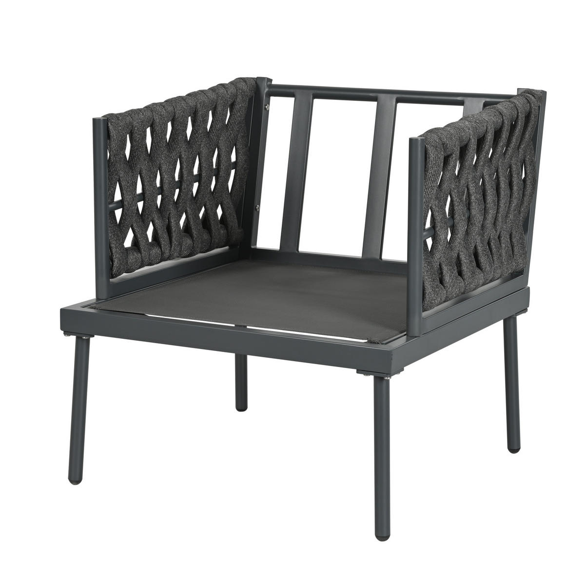 GARTENLOUNGE-SET 4-teilig mit 3-Sitzer-Sofa, 2 Sesseln, Glastisch und Seilarmlehnen aus verzinktem Stahl, Grau - Grau, Textil - Redom