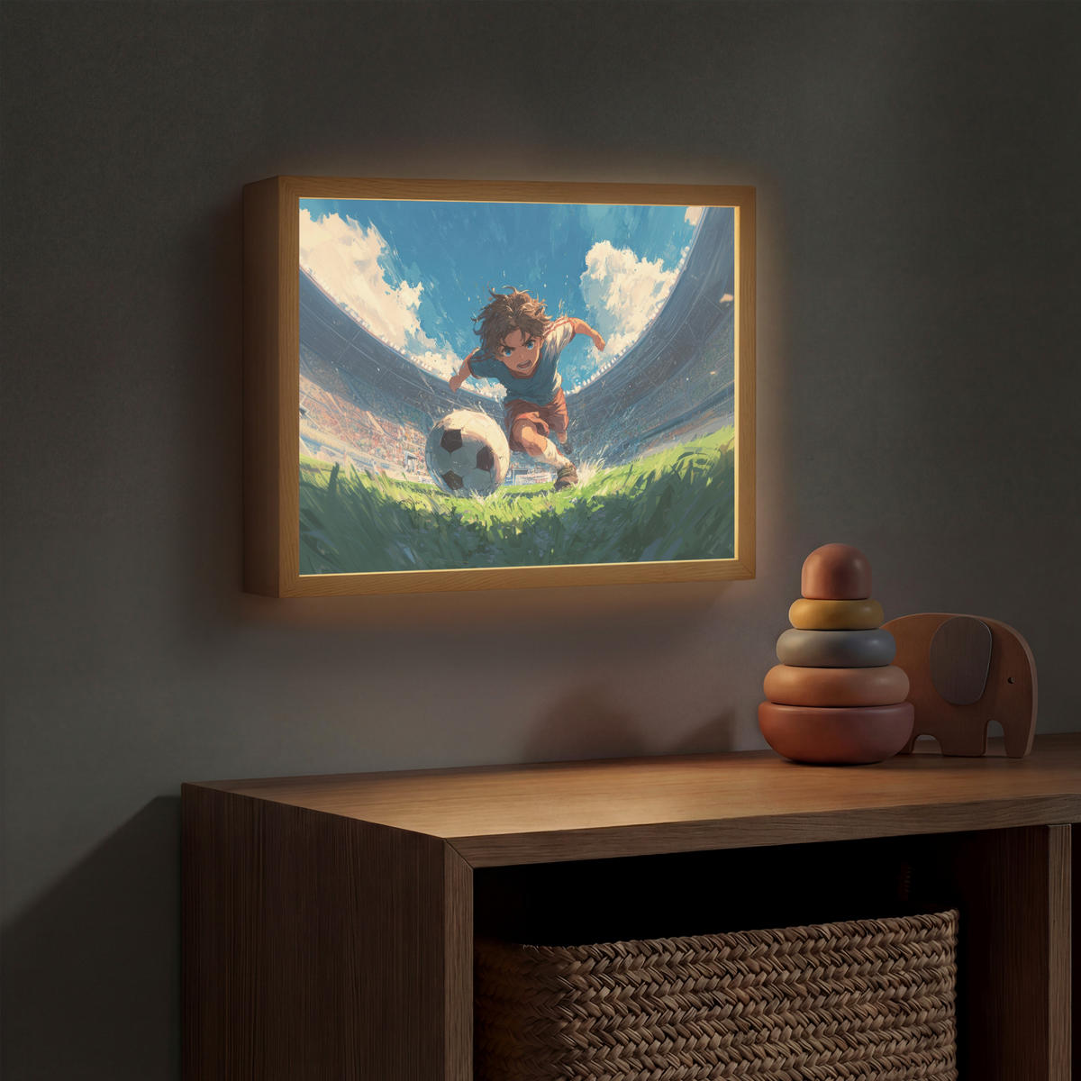 NACHTTISCHLAMPE MIT AKKU Stadion - Fußballer - Ball 40x30 cm - Blau, Holzwerkstoff (8/40/30cm) - OnlyWow