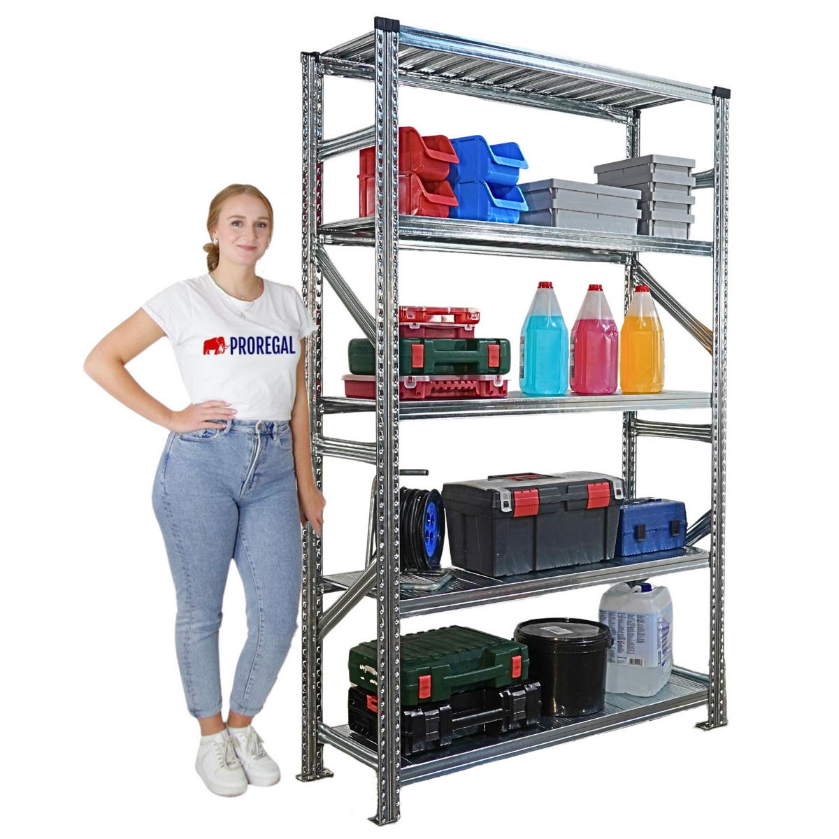 FACHBODENREGAL Proximo Stecksystem 200x360x50cm 5 Ebenen Fachlast 200 kg Beidseitig nutzbar Verzinkt - Silberfarben, Metall (360/200/50cm) - PROREGAL