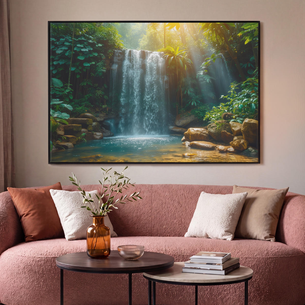 LEINWAND Bilder mit Rahmen - Wasserfall - Dschungel - Sonne - Grün - Natur - 120x80 - Grün, Textil (120/80cm) - MuchoWow