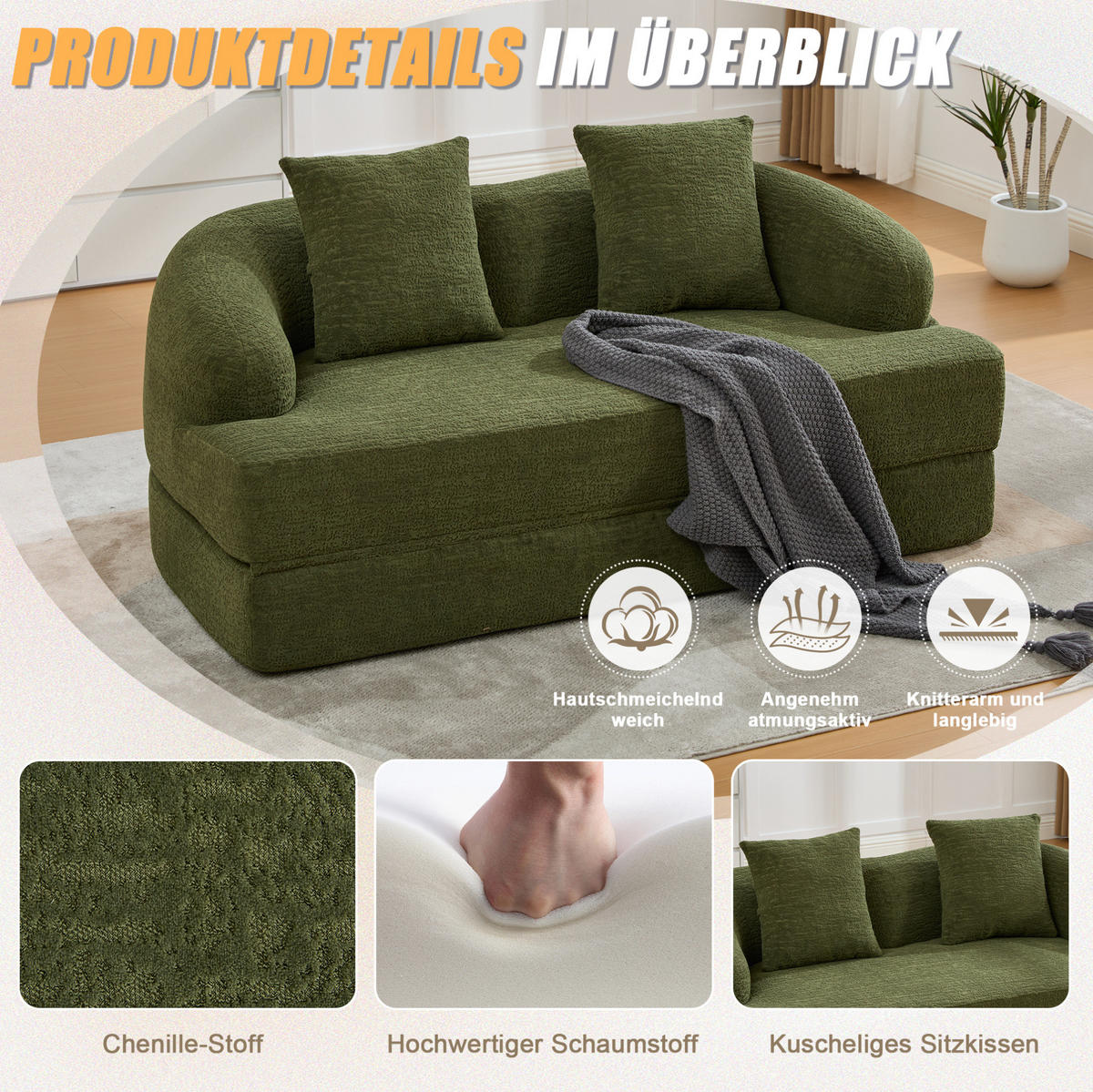 SCHLAFSOFA 157/84/65 cm aus Chenille mit Klappfunktion Grün - Grün, Textil (84/65/157cm) - Modenvie