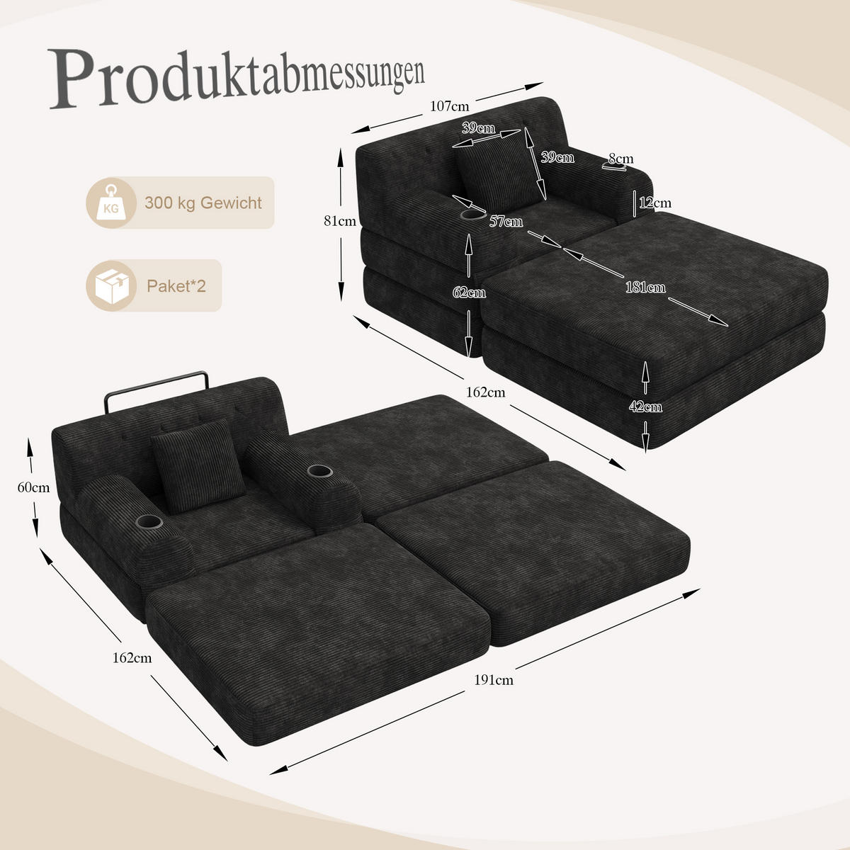 SCHLAFSOFA mit Hocker und Liegefunktion aus Cord mit Getränkehaltern - Schwarz, Textil (191/60/162cm) - EVRYAE