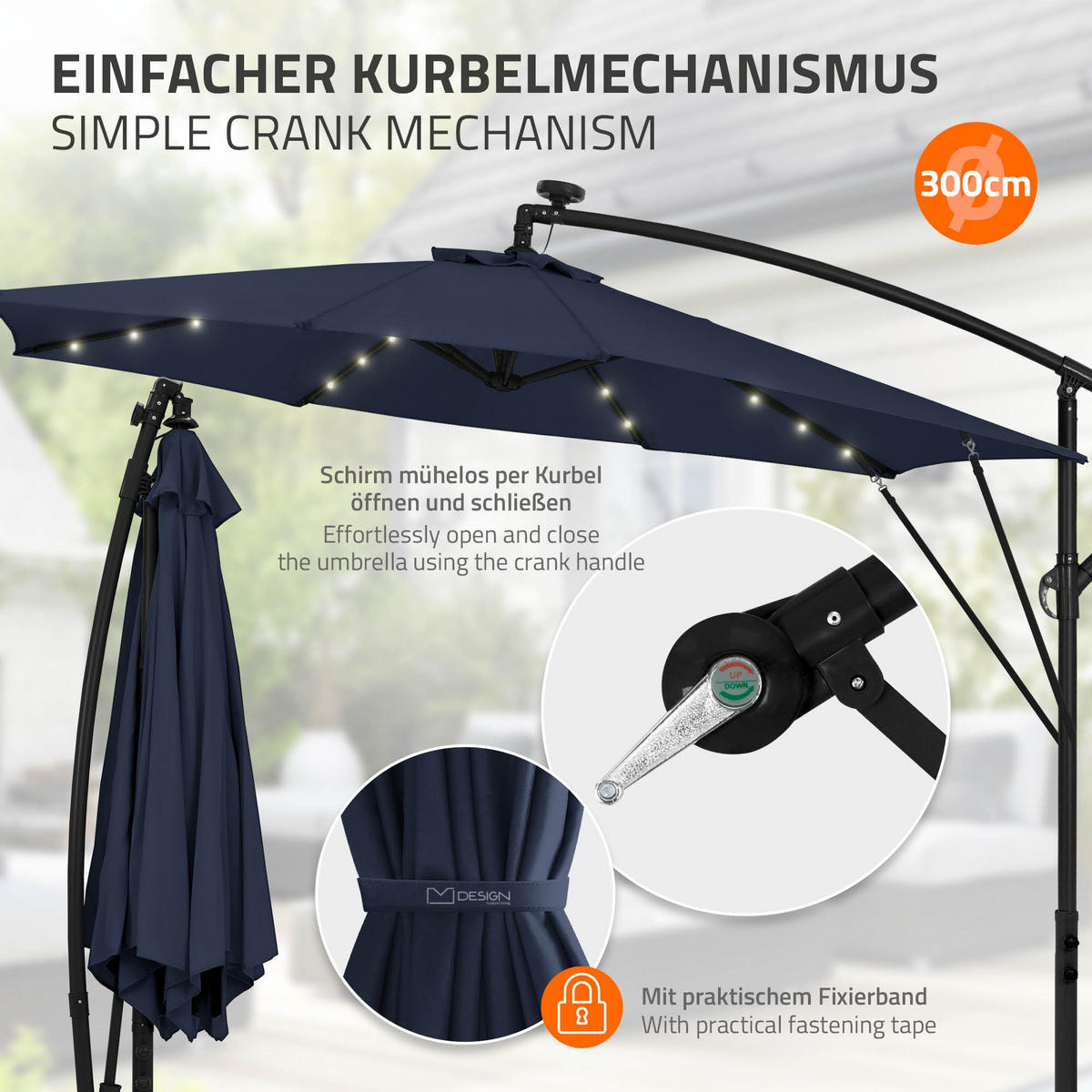 AMPELSCHIRM Ø 300 cm in Navy Blau aus Aluminium mit LED-Solar - Blau, Metall (300/300cm) - ML-DESIGN