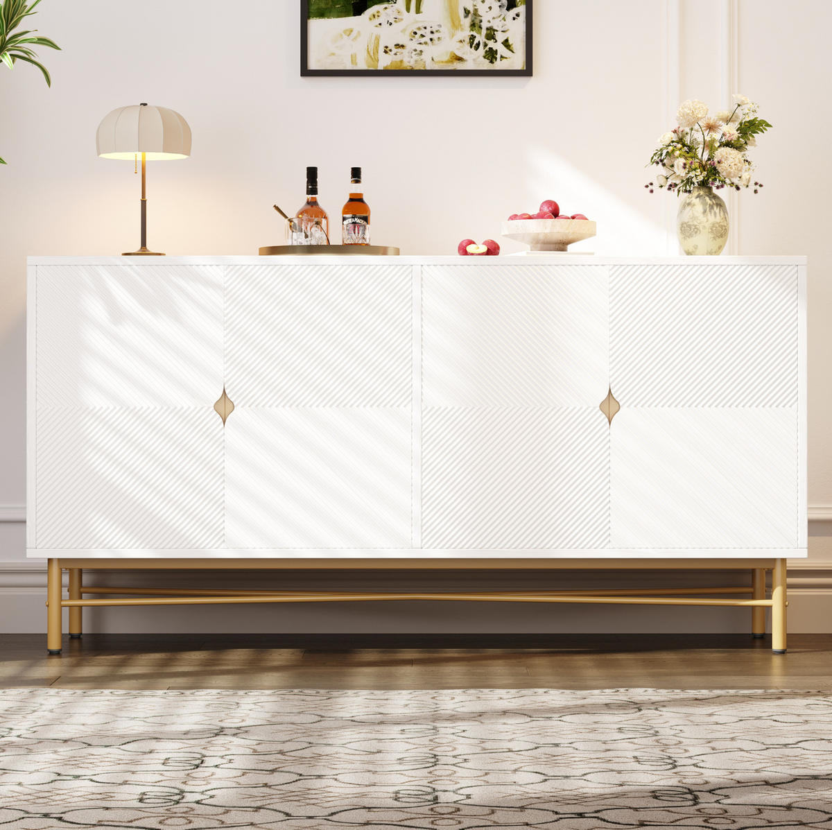 SIDEBOARD 160/40/82 cm in Weiß mit 4 Türen, Soft-Close und Goldakzenten - Weiß, Holzwerkstoff (160/82/40cm) - Flora Grace
