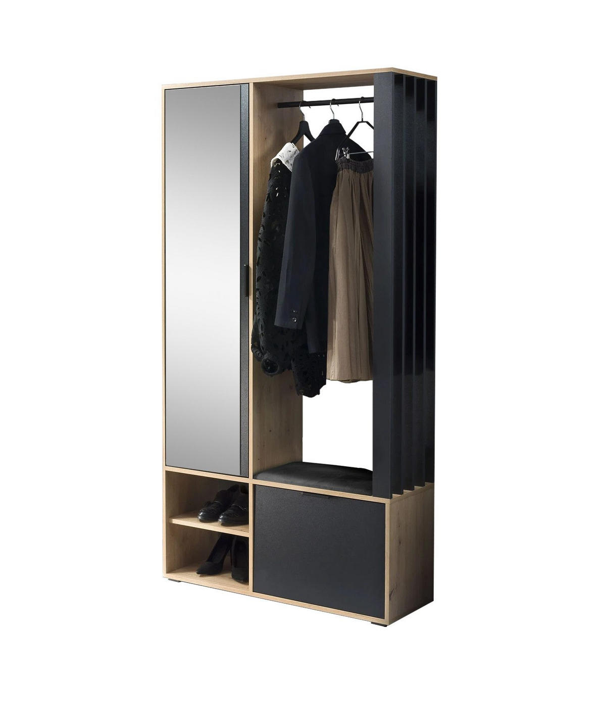 GARDEROBENSCHRANK Limo mit Spiegel und Sitzbank, Eiche Artisan+schwarz - Eiche Artisan, Holzwerkstoff (100/190/33cm) - Beautysofa