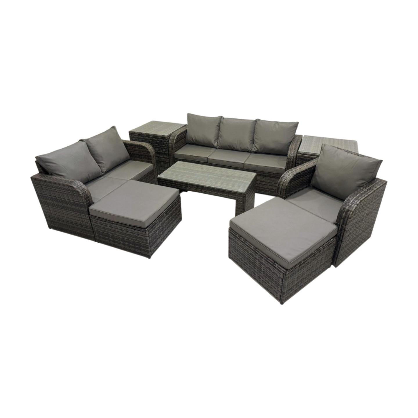 GARTENSOFA SET mit rechteckigem COUCHTISCH Polyrattan 8-Sitzer Dunkelgrau - Dunkelgrau/Grau, Glas/Kunststoff - Fimous