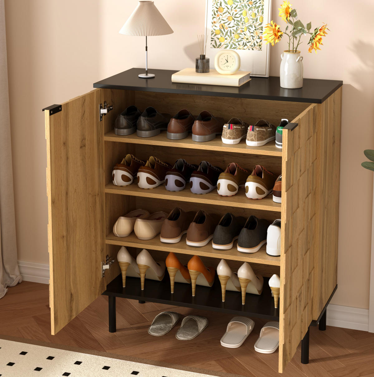 SCHUHSCHRANK aus Spanplatte 80x35x91,5 cm Natur mit höhenverstellbaren Fächern und Mosaik-Türdesign - Naturfarben, Holzwerkstoff (80/91/35cm) - Modfu