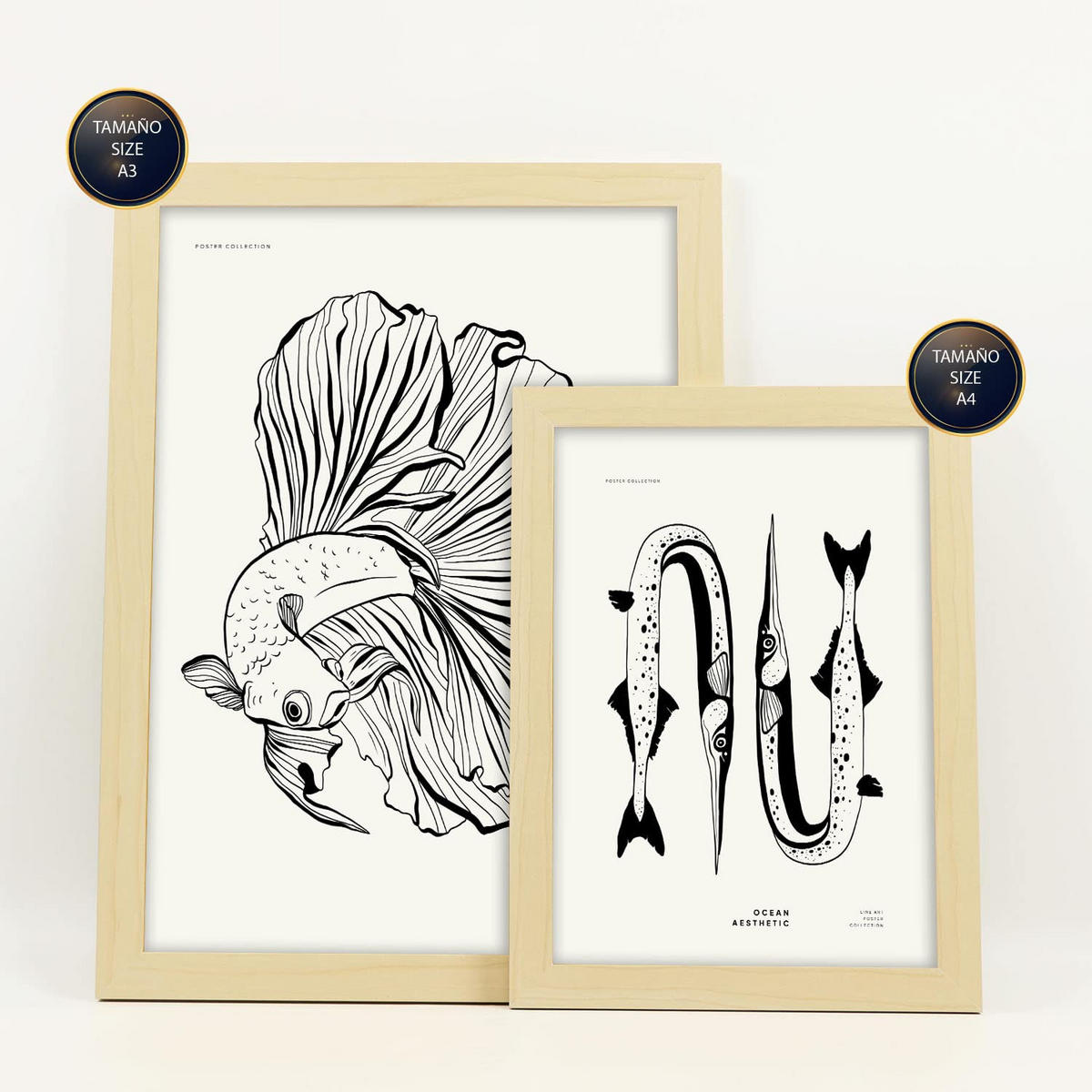 POSTER Set Mit 6 Schwarzer Tintenfisch Größe A3 & A4 Rahmen aus hellem Holz - Beige, Papier (29.7/1cm) - Nacnic