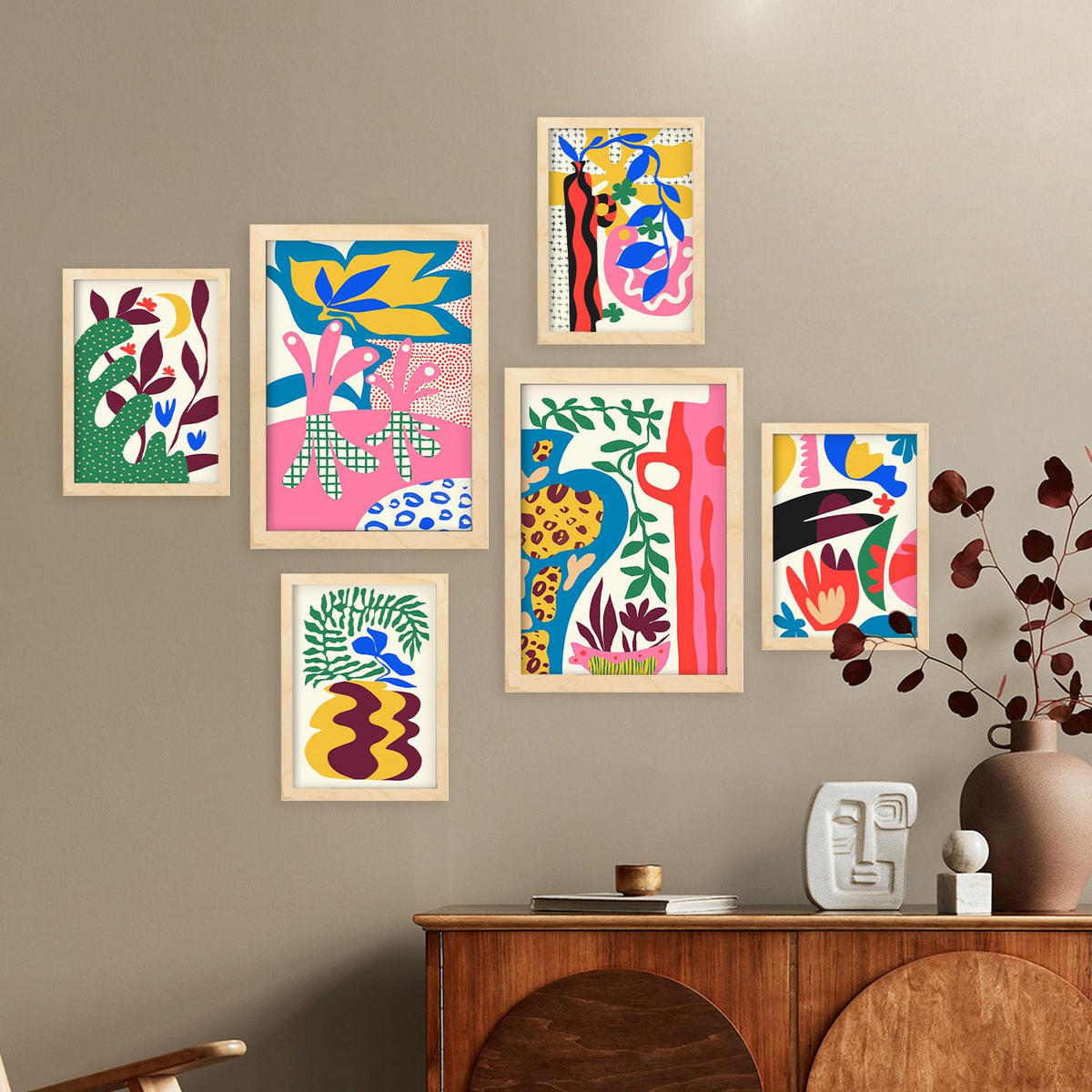 POSTER Set Mit 6 Erlöser Feen In Blume Zusammenfassung Ästhetische Dekorative Gemälde Für Ihr Wohnzimmer Zuhause A3 & A4 Rahmen Aus Hellem Holz - Beige, Papier (29/3cm) - Nacnic