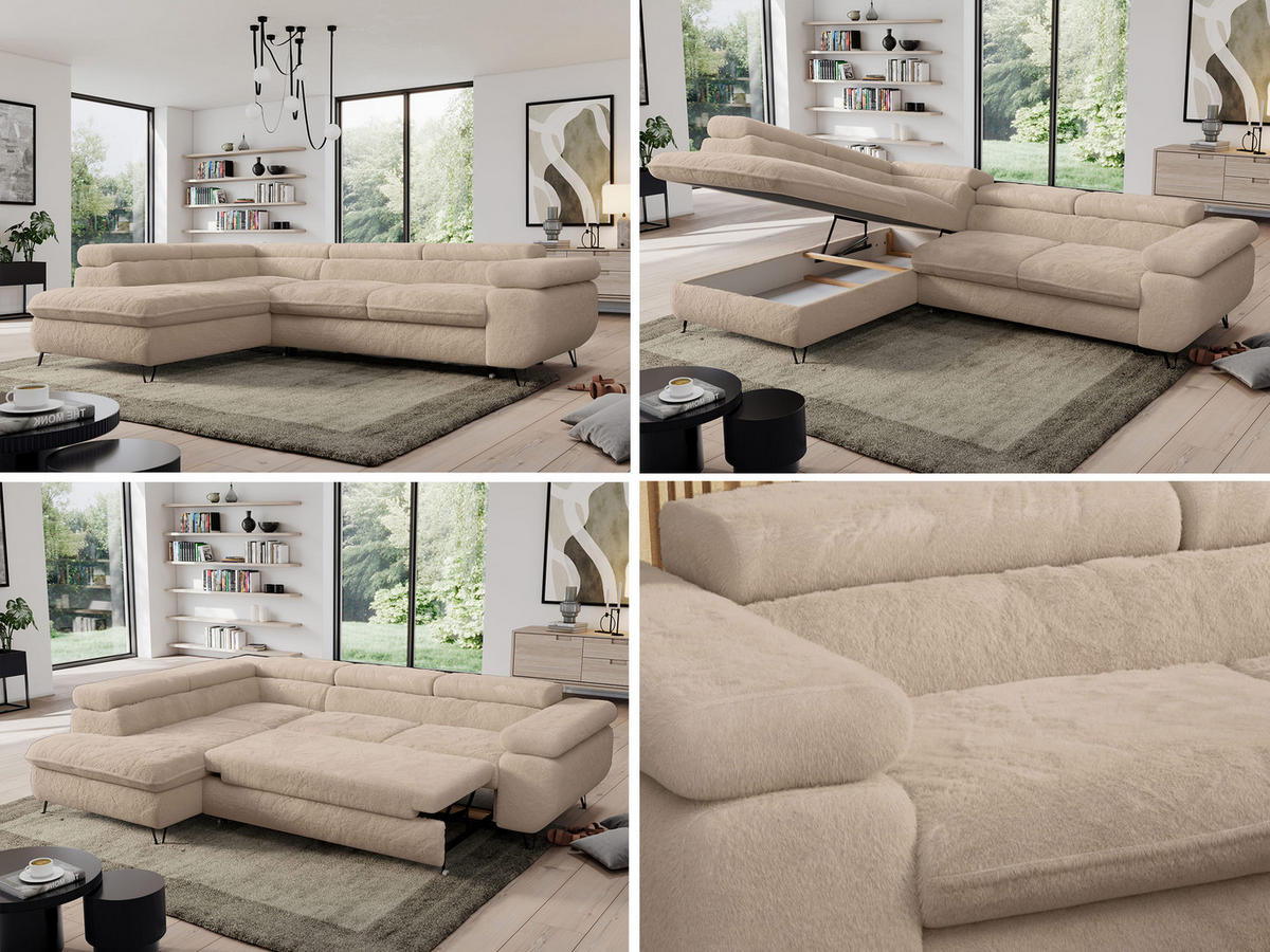 ECKSOFA PEDRO L Beige Plüsch - Links Seite - Beige/Schwarz, Textil/Metall (208/273cm) - MKS