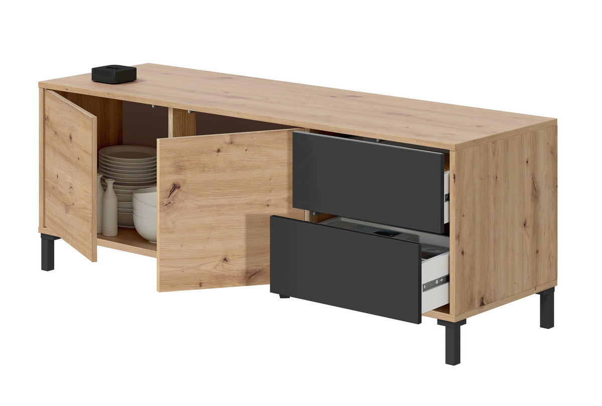 TV-MÖBEL mit 2 Türen und 2 Schubladen Brooklyn - L130 cm - Eiche Artisan/Grau, Holzwerkstoff (41/47/130cm) - Calicosy