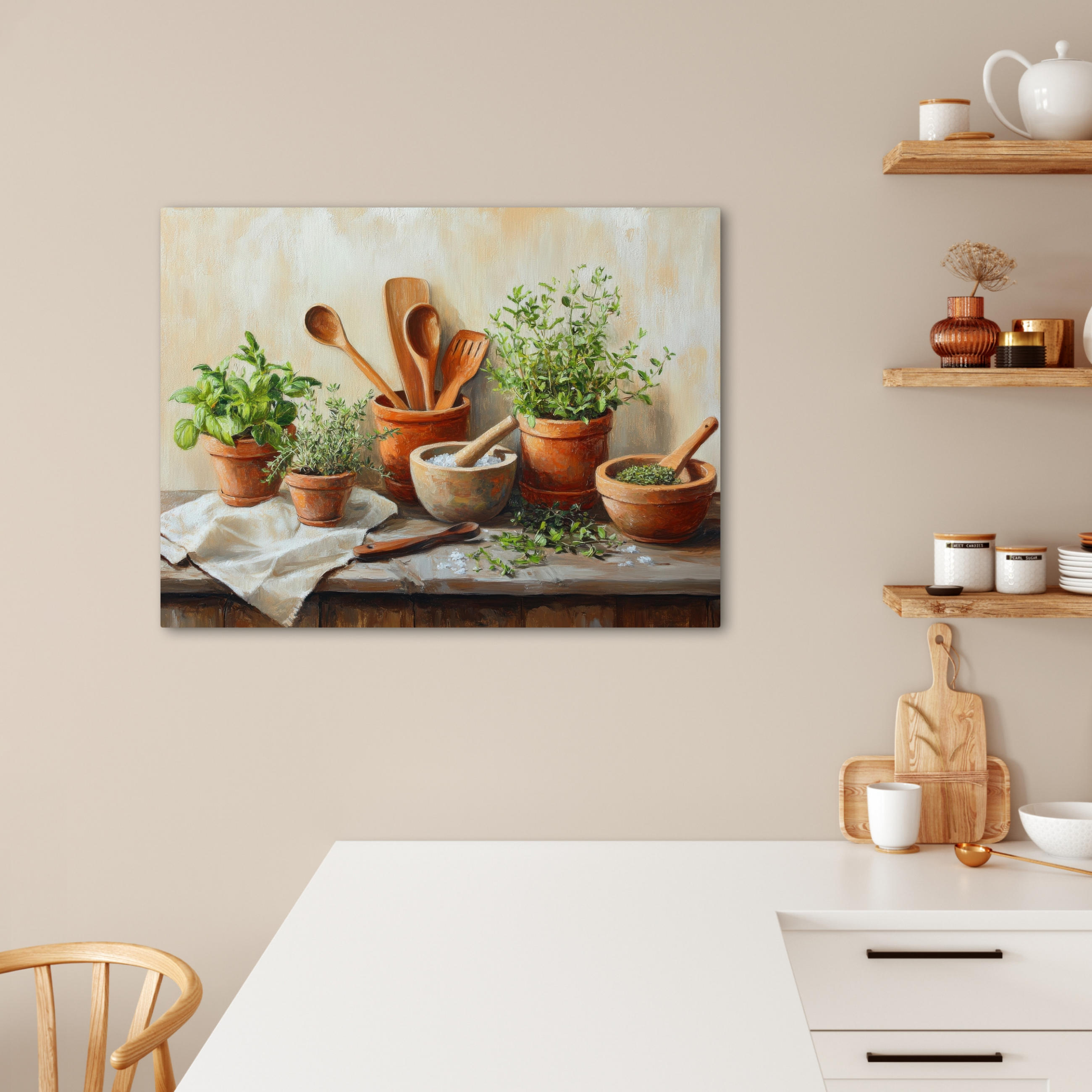 LEINWANDBILD Töpfe - Kräuter - Holz Wandbilder 80x60 cm - Terracotta, Textil (80/60cm) - MuchoWow