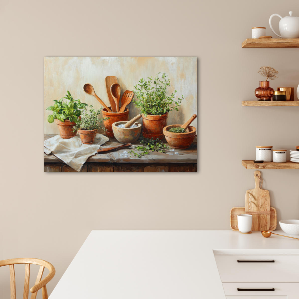 LEINWANDBILD Töpfe - Kräuter - Holz Wandbilder 80x60 cm - Terracotta, Textil (80/60cm) - MuchoWow