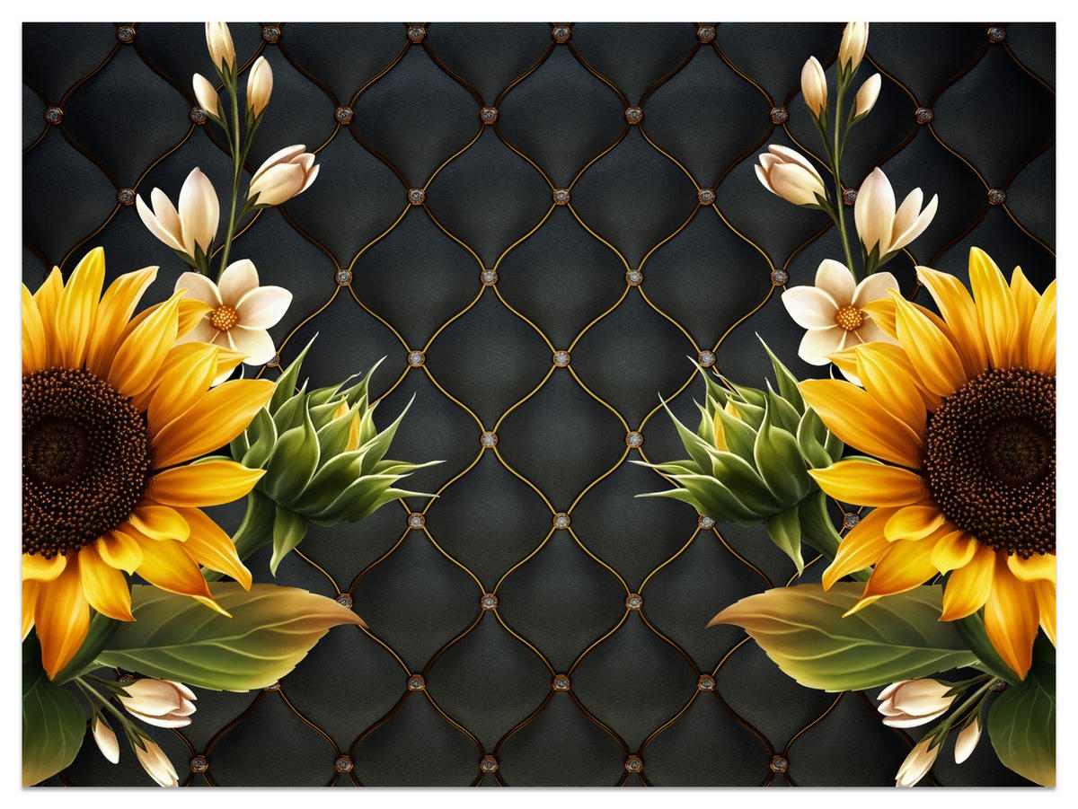 FOTOTAPETE für Küche Blume Sonnenblumen auf gestepptem Hintergrund 450x315 - Gelb/Schwarz, Papier (450/315cm) - Muralo