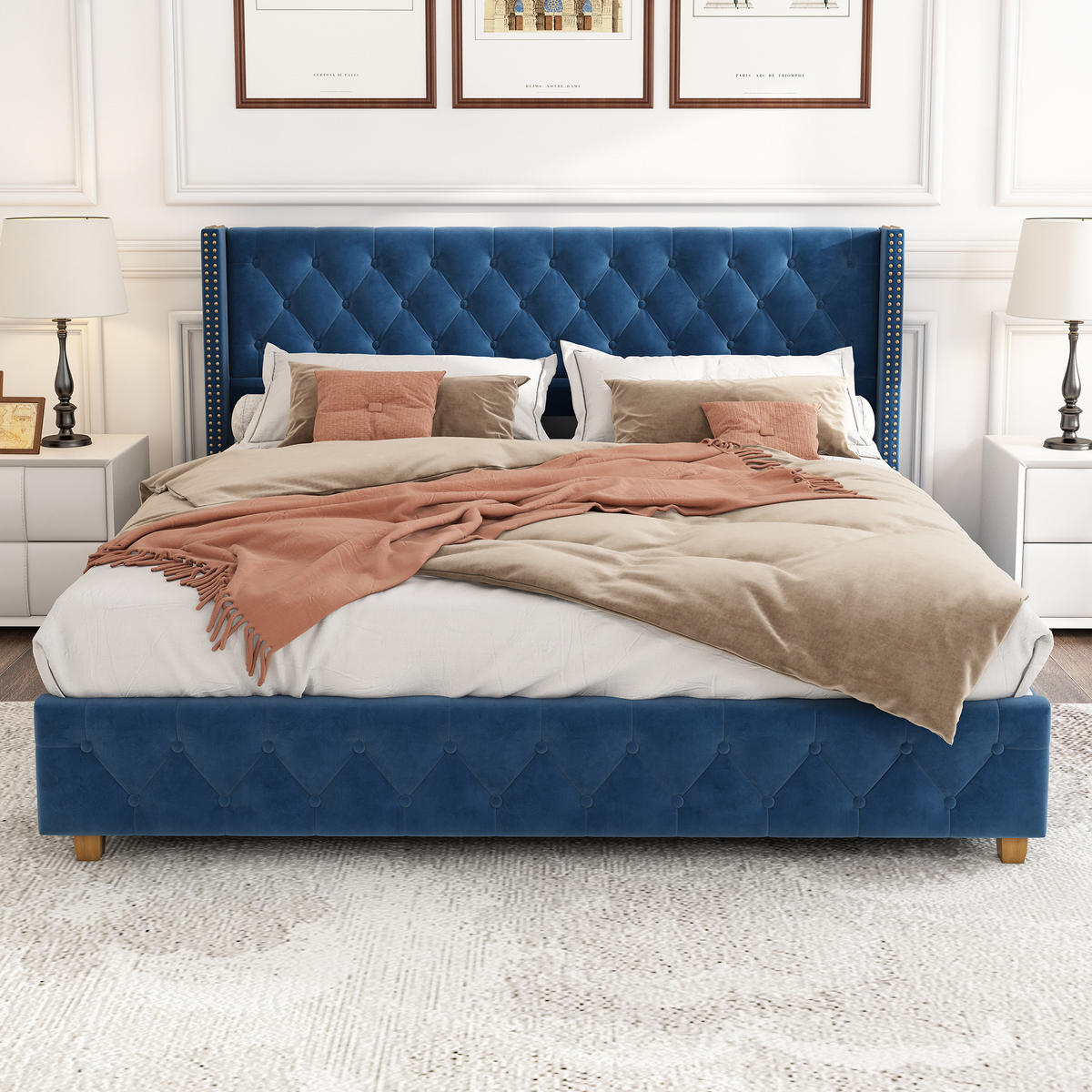 POLSTERBETT 160/200 cm Blau mit Kopfteil und Knopfpolsterung - Blau, Textil (160/200cm) - OKWISH