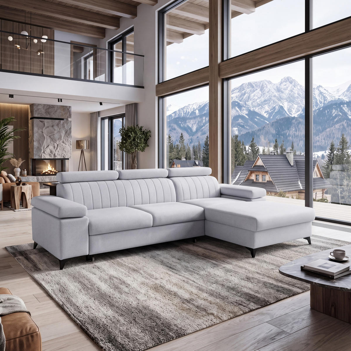 ECKSOFA FELIX L Rechts mit Schlaffunktion Velours Hellgrau - Hellgrau/Schwarz, Holz/Textil (176/257cm) - Muffo