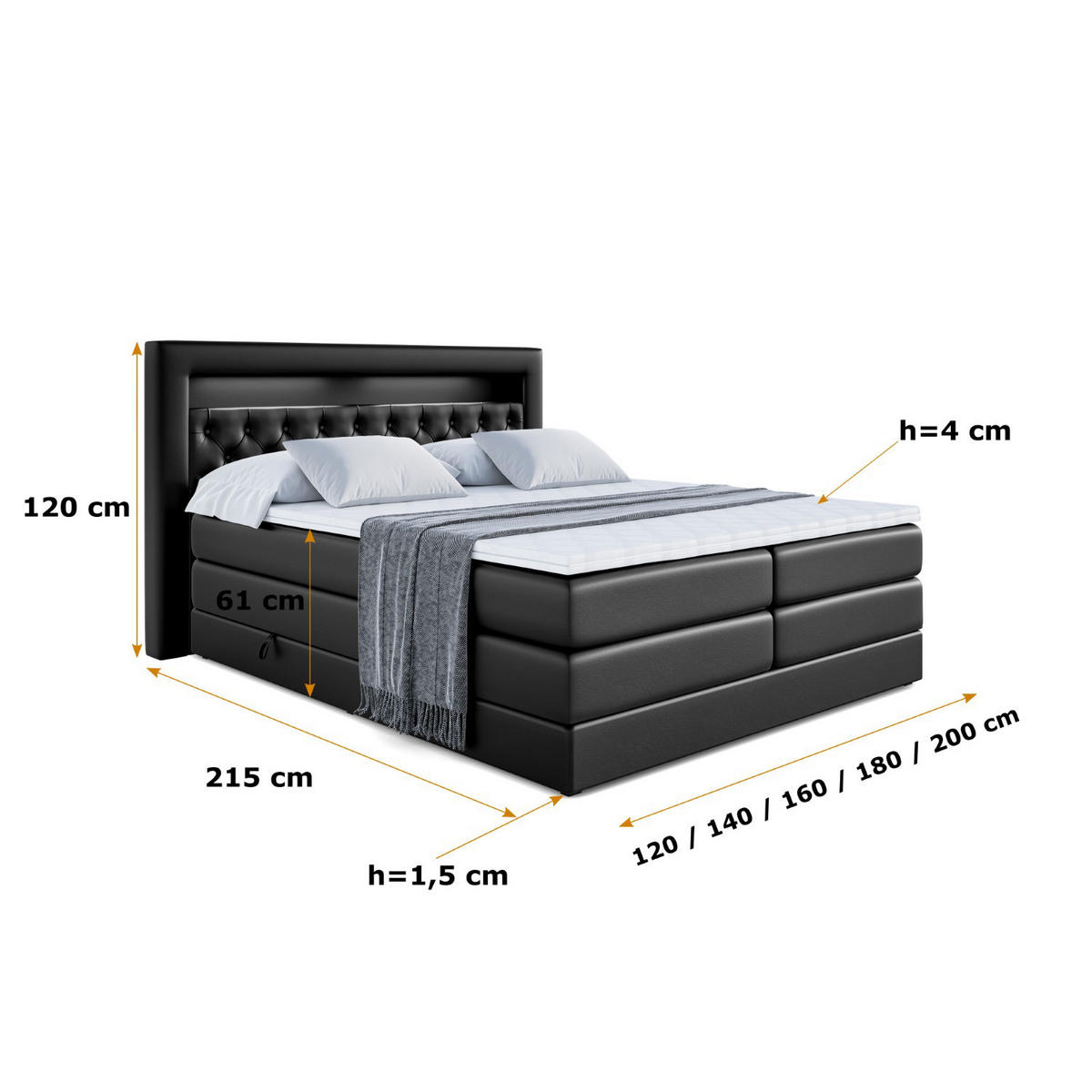 BOXSPRINGBETT NOEL GOLD KING - 160x200 - H3/H4 - Schwarz Hochglanz - Schwarz Hochglanz, Holzwerkstoff (160/200cm) - ALTDECOR