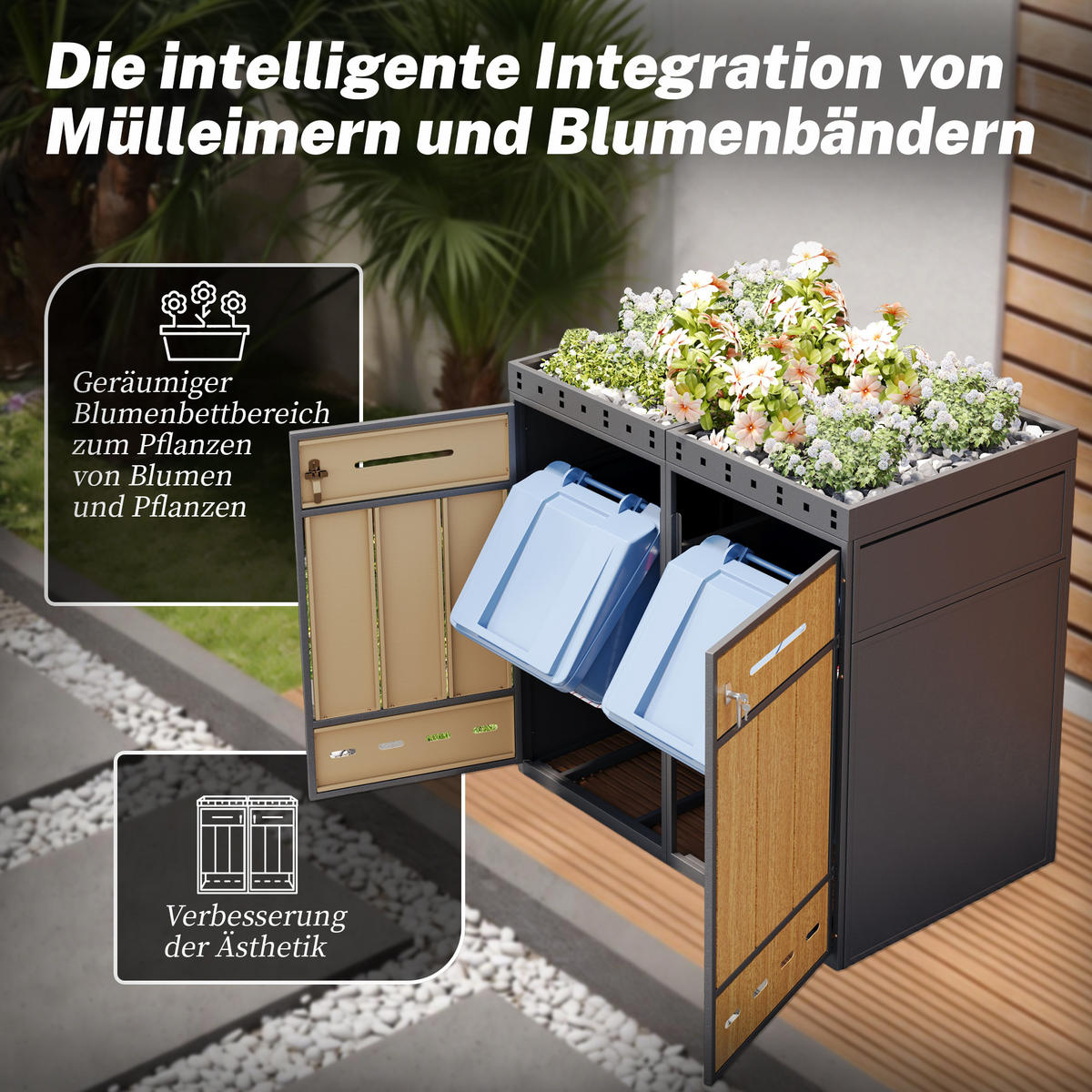 MÜLLTONNENBOX Pflanzdach 120-240L Mülltonnenschrank - Multicolor, Metall (80/124/132cm) - FLIEKS