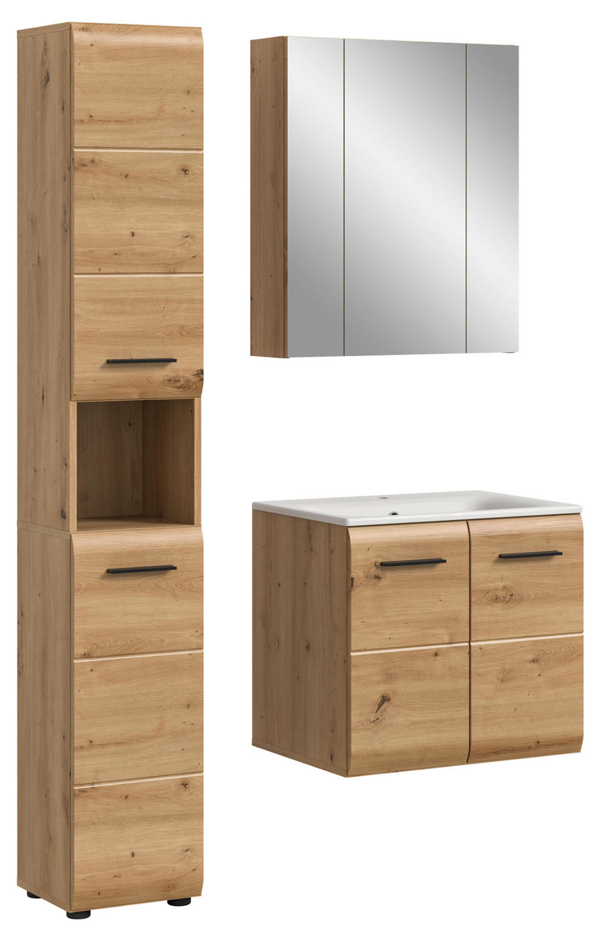 BADMÖBEL-SET 3-teilig Eiche Artisan, Badkombination 105 cm mit Waschbecken, Cover - Schwarz/Eiche Artisan, Glas/Keramik (105/185/46cm) - Inn.Furn