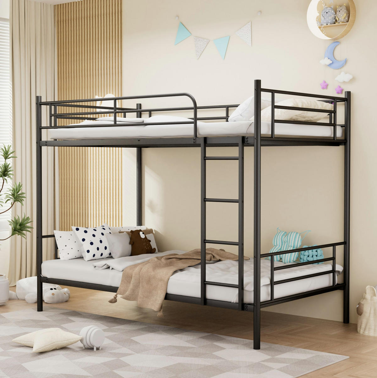 ETAGENBETT Stahl 90x190 cm Schwarz mit Leiter und hohem Geländer platzsparend - Schwarz, Metall (90/190cm) - Modfu
