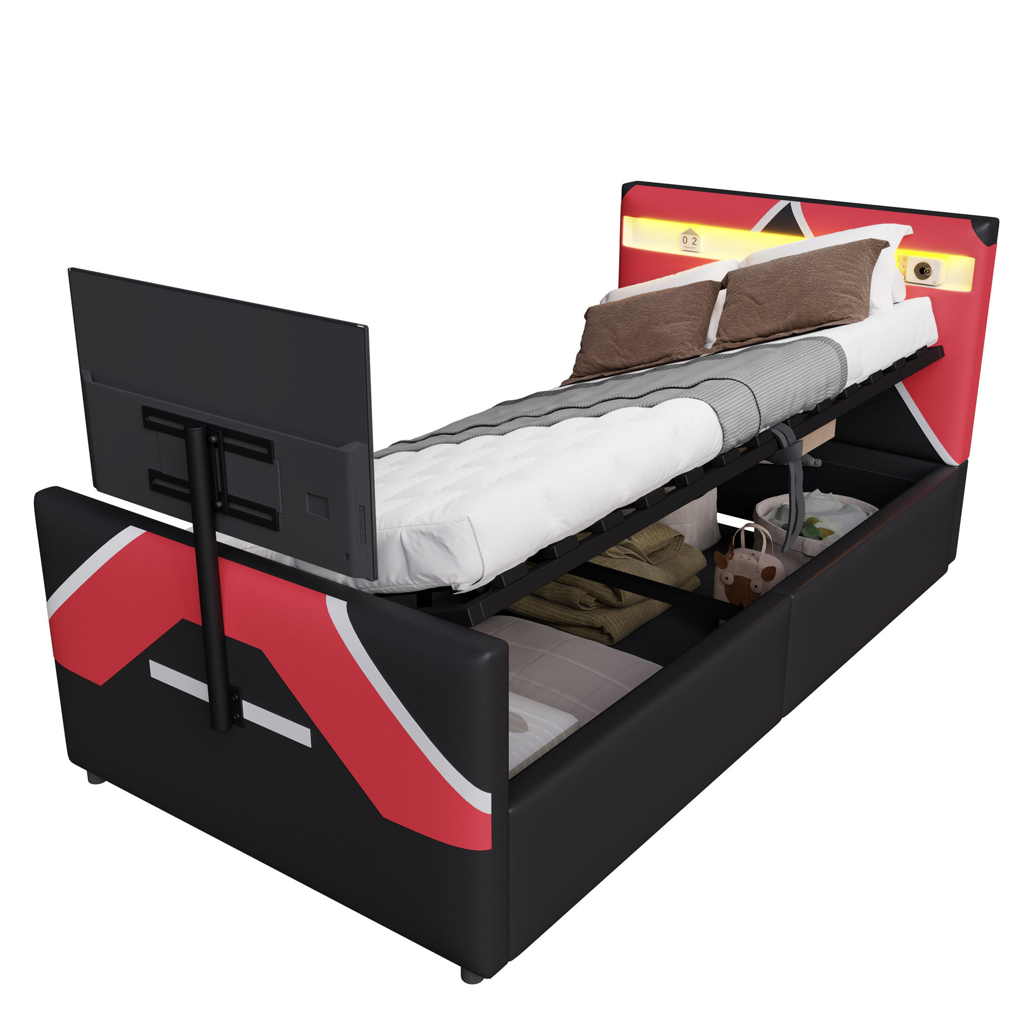 POLSTERBETT 90/200 cm Schwarz mit LED-Beleuchtung mit Stauraum und TV-Halterung PU-Leder - Schwarz, Kunststoff (90/200cm) - OKWISH