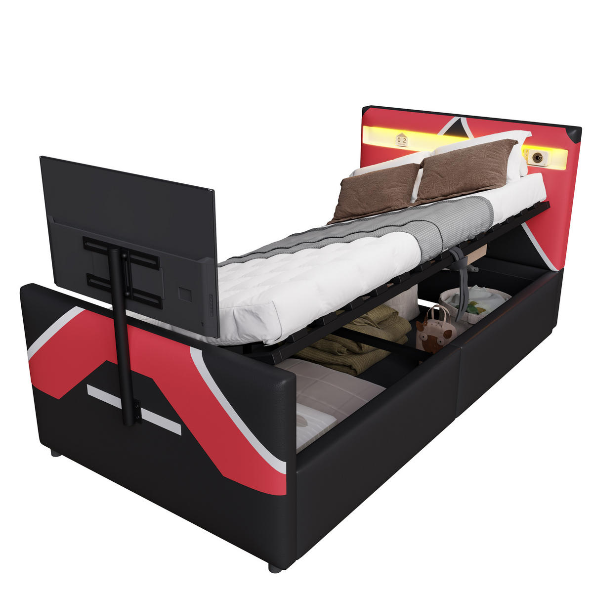 POLSTERBETT 90/200 cm Schwarz mit LED-Beleuchtung mit Stauraum und TV-Halterung PU-Leder - Schwarz, Kunststoff (90/200cm) - OKWISH