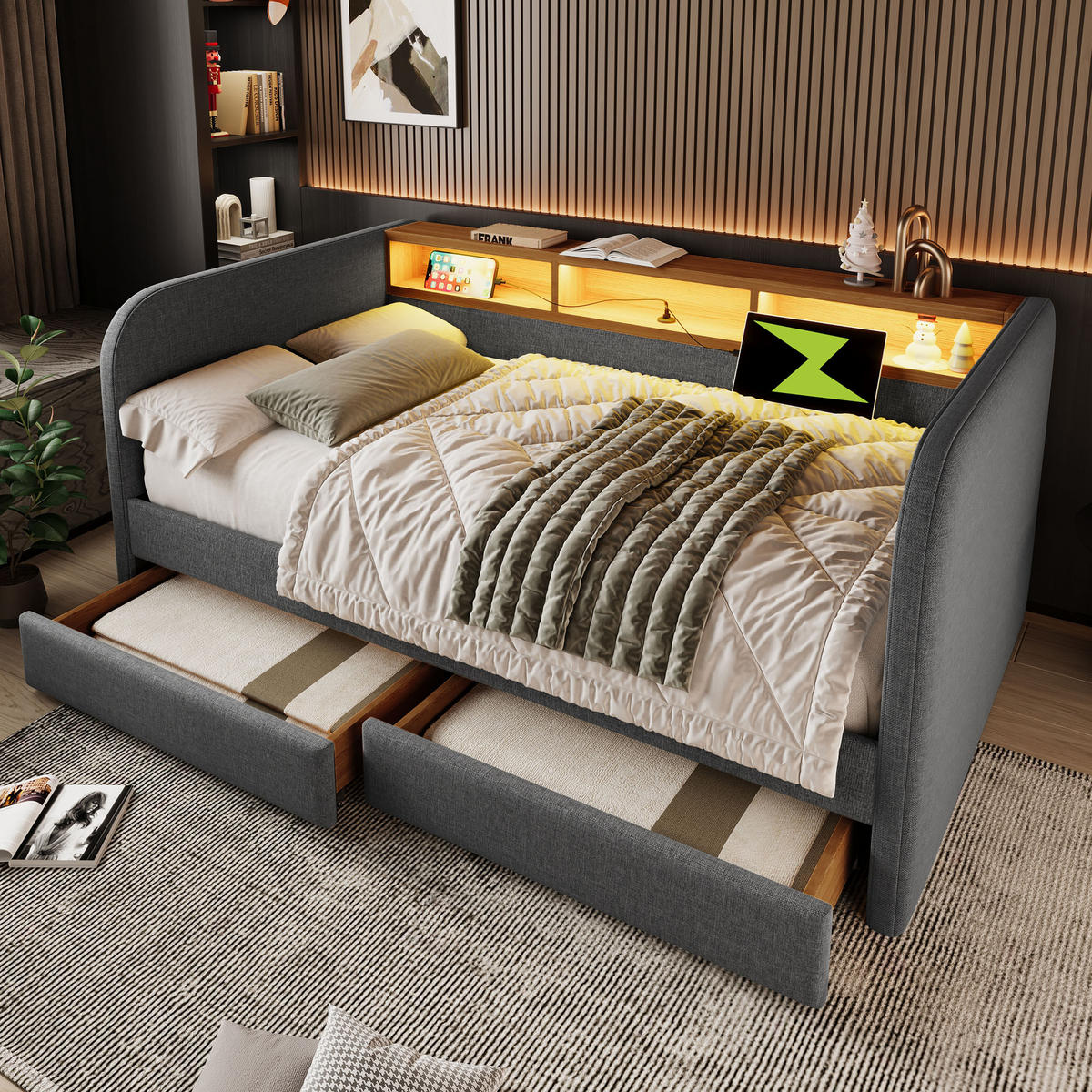 BETT mit LED und 2 Schubladen 140x190 cm Leinen Grau - Grau, Holz (140/200cm) - Meubliv