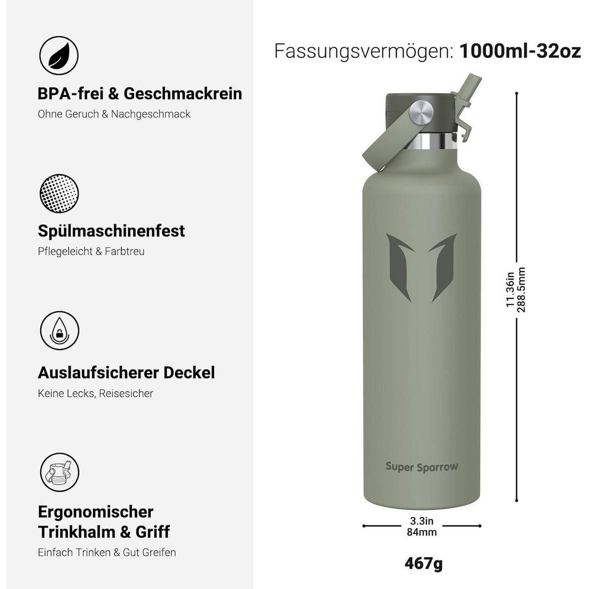 TRINKFLASCHE Edelstahl 1000 ml Salbei - Olivgrün, Metall (8.5/8.5cm)