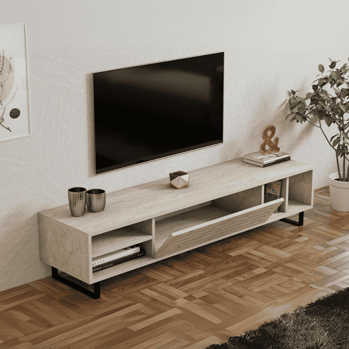 TV-MÖBEL mit 1 klapptür und 4 fächern, travertin-dekor- safir 160/40/35 cm - Beige, Holzwerkstoff (40/35/45cm) - Calicosy
