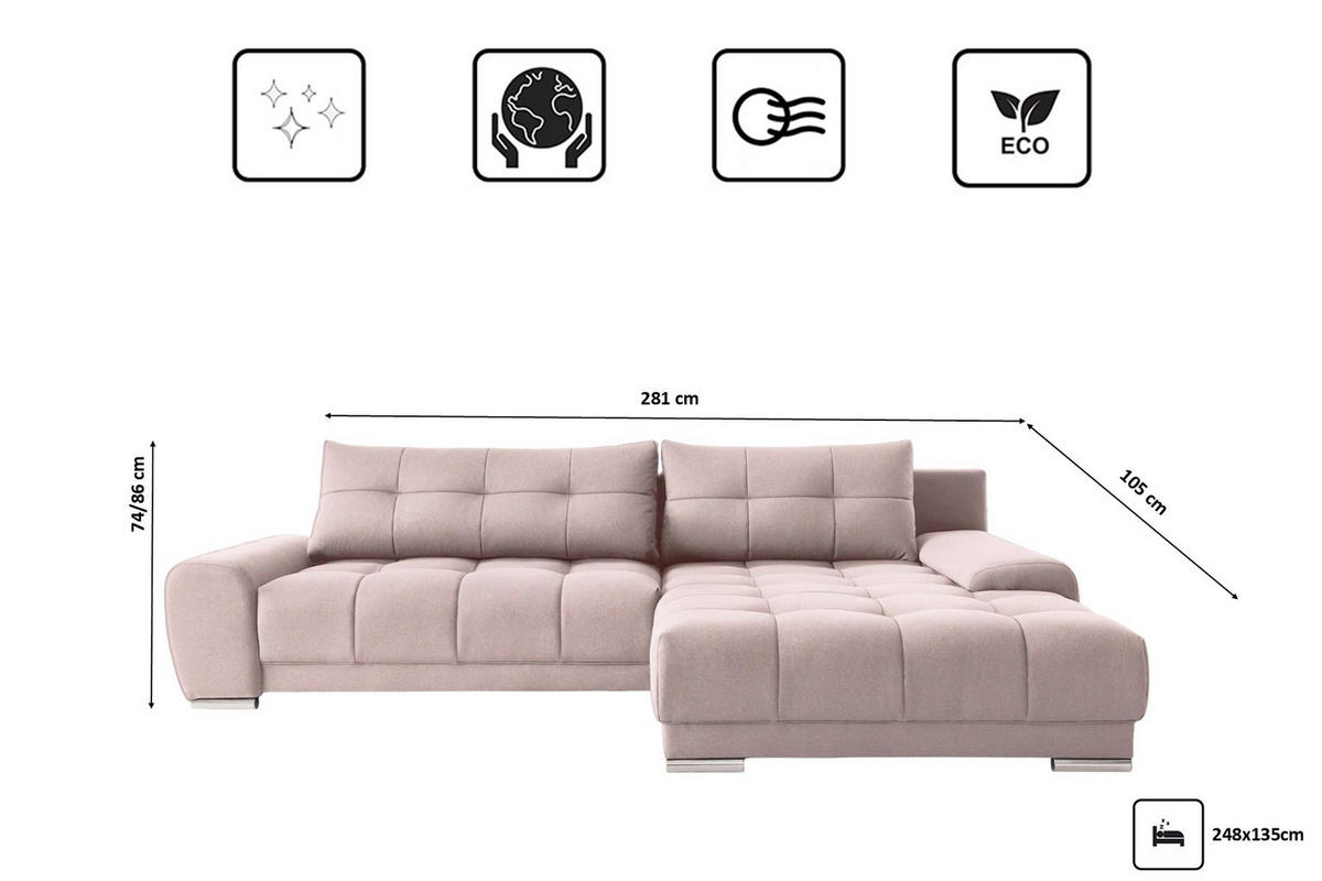 ECKSOFA WAVE Mit Schlaffunktion, Stoff SORO, Rosa Rechts - Rosa, Holz (281/105cm) - Kaiser Möbel