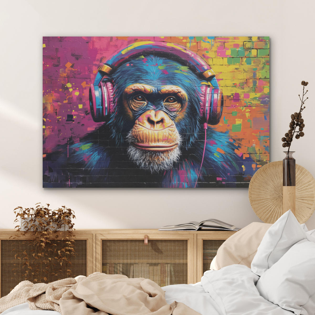 AKUSTIKPANEEL Graffiti - Schimpanse - Straßenkunst - Kopfhörer - Affe 100x70 cm - Blau, Textil (100/0.9/70cm) - MuchoWow