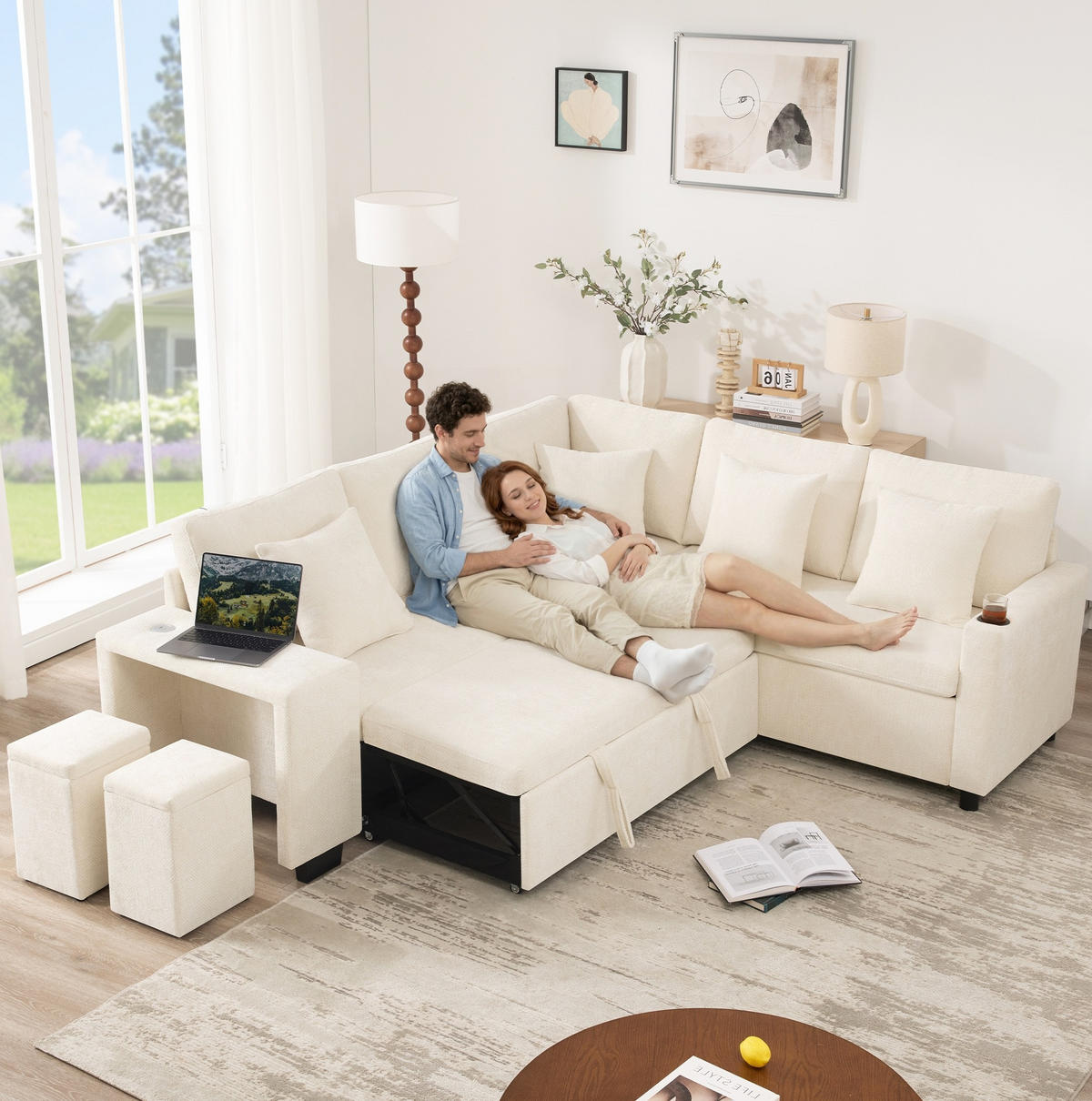 ECKSOFA 220/205/86,5 cm beige aus Chenille mit Schlaffunktion - Beige, Textil (205/220cm) - OKWISH
