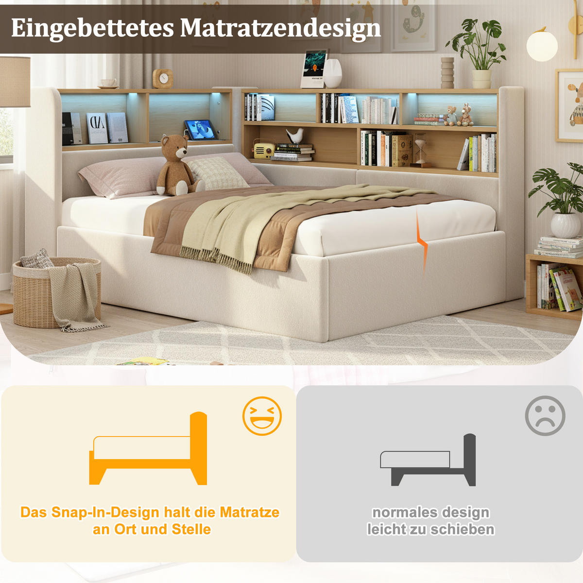 MULTIFUNKTIONSBETT 90/200 cm beige aus Samt mit LED und hydraulischem Stauraum - Beige, Textil (90/200cm) - OKWISH