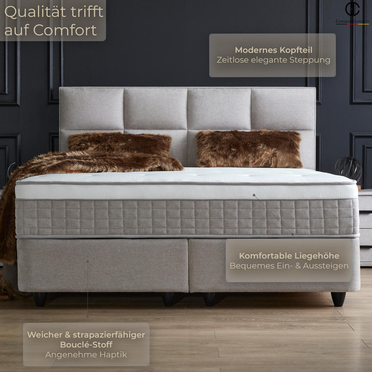 BOXSPRINGBETT MIT BETTKASTEN ARIANA 120/200 cm, Greige, mit Leuchten, Bettkasten, Matratze, Topper integriert, H3 mittel - Greige/Schwarz, Holz/Kunststoff (120/200cm) - Consilio Concept