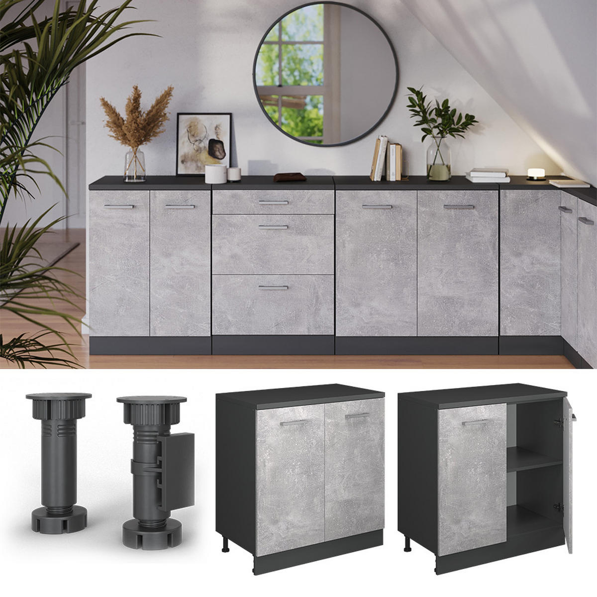 ORMAR ZA POTKROVLJE Rion Beton 80 x 81.6 cm bez kosine s 2 vrata - siva/antracit, drvni materijal (80/83.8/46cm) - Vicco