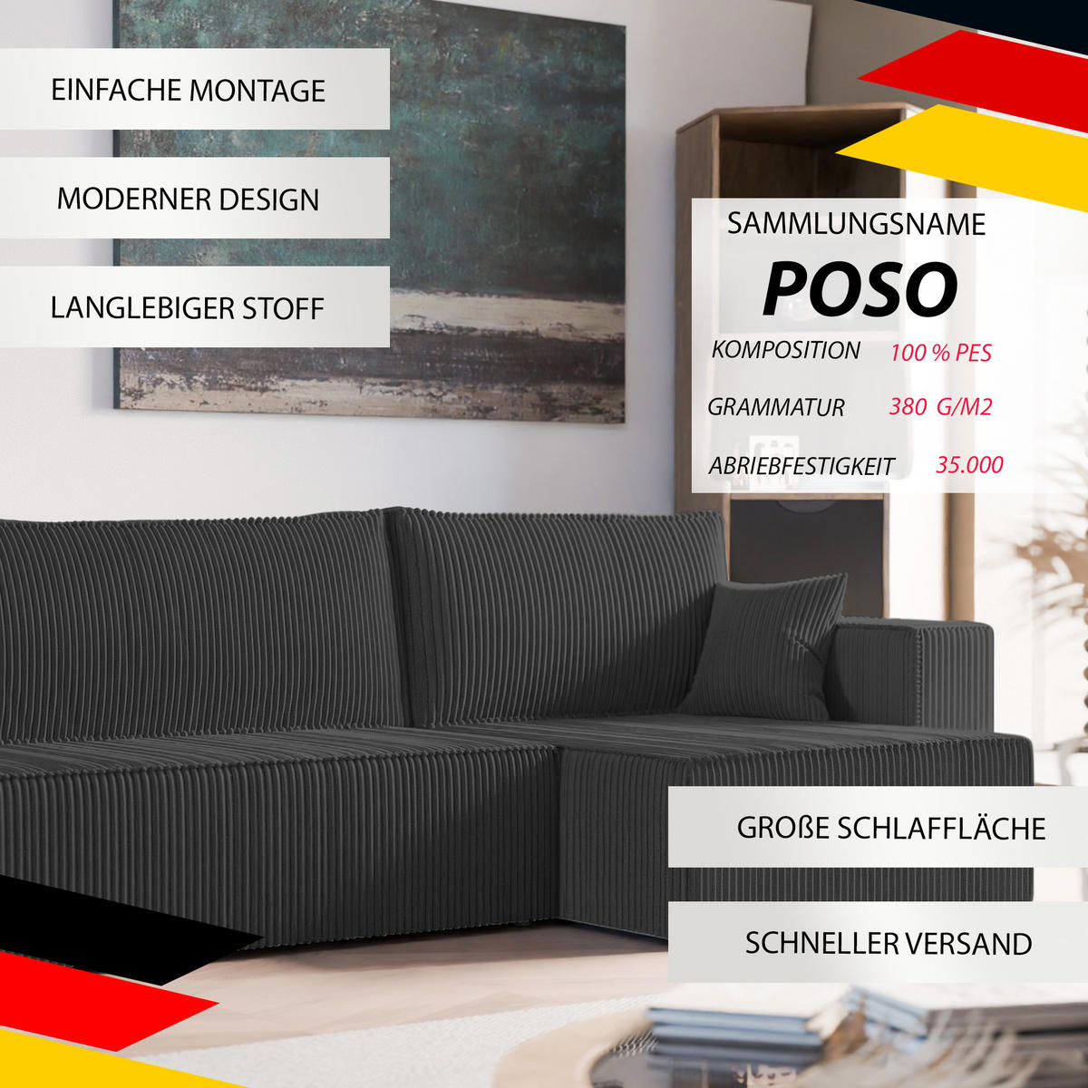 ECKSOFA mit Schlaffunktion und Bettkasten, Schwarz - Schwarz, Holzwerkstoff/Textil (145/276cm) - Idohome