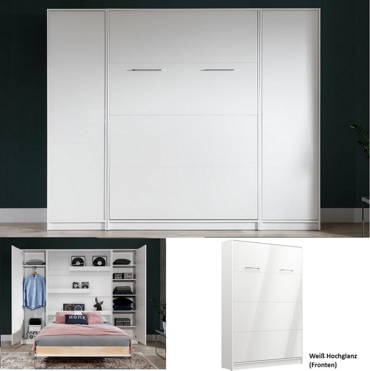SCHRANKBETT Wandklappbett vetikal VB140x200 mit 2 Schränken - 3-tlg. - Weiß-Hochglanz - Weiß Hochglanz, Holzwerkstoff (140/200cm) - QMM TraumMöbel