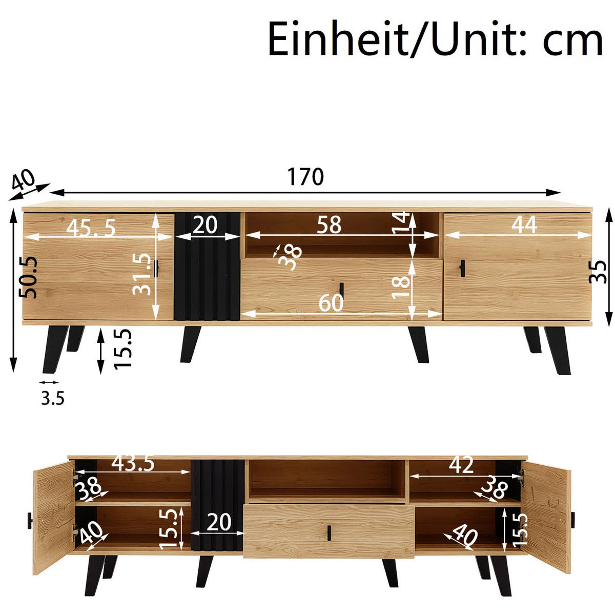 TV Lowboard 170 cm, Schubladen, Stauraum, Holz Schwarz - Schwarz, Holz (170/50/40cm)