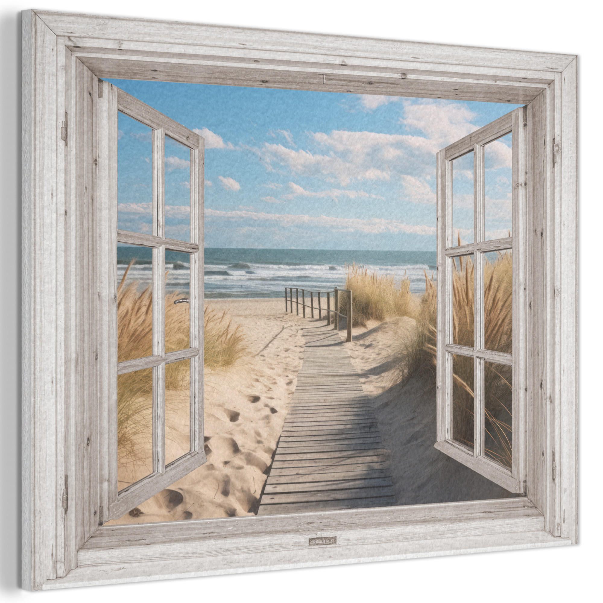 AKUSTIKBILD Fenster - Meer - Küste - Natur - Ausblick - Strand - Wattenmeer Wandbild Wohnzimmer 100x70 cm - Beige, Kunststoff (100/70/0.9cm) - MuchoWow