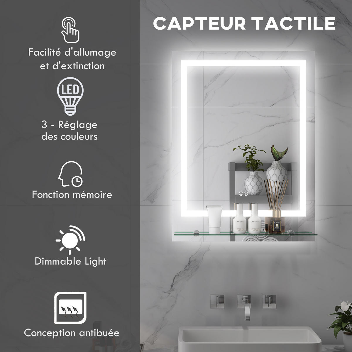 BADEZIMMERSPIEGEL DE-15202 80/60 cm mit Glasablage und 3 LED-Farben Silber - Transparent, Glas (60/2.7/80cm) - ComfortXL