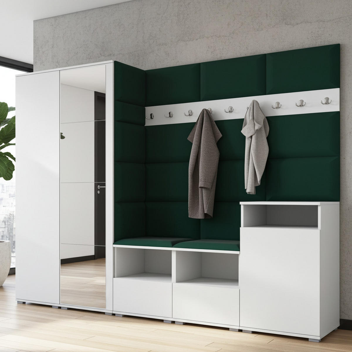 GARDEROBE NELA VIII 250 cm (Modulare Flurmöbel Weiß mit Spiegel & Sitzpolster Flaschengrün 28 Set XL) - Dunkelgrün/Silberfarben, Holz/Holzwerkstoff (250/187/40cm) - Ravio