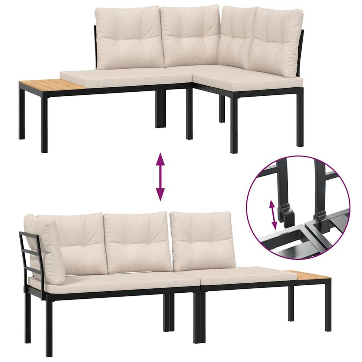 GARTENBANK-SET 3-Tlg. Schwarz Pulverbeschichteter Stahl - Beige, Metall - vidaXL