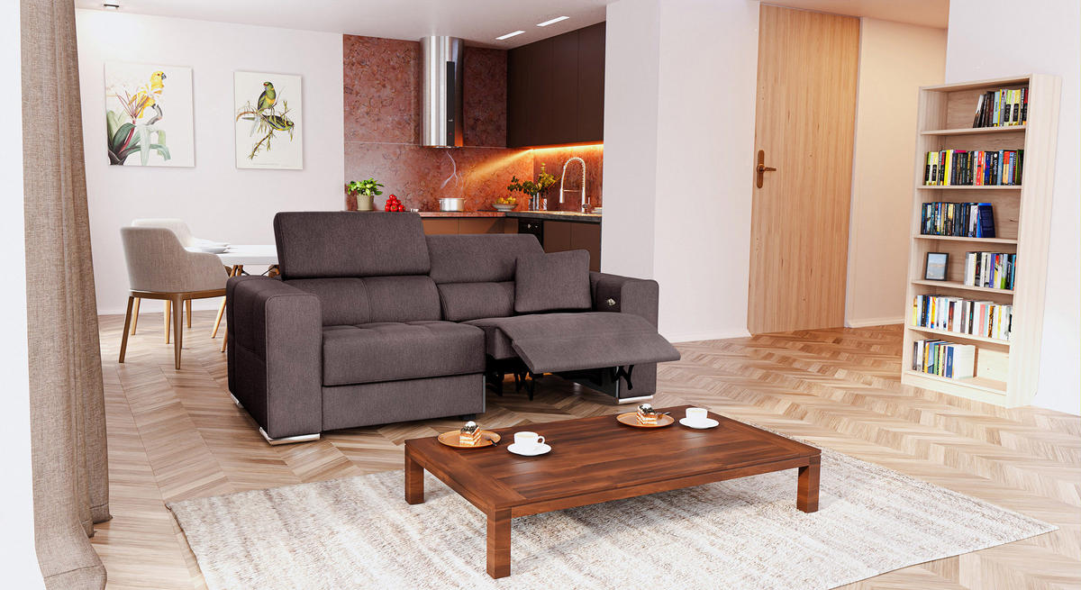 SOFA QUARTZ 3-Sitzer mit 1 Relaxfunktion, dunkelbraun - Dunkelbraun/Silberfarben, Holzwerkstoff/Textil (204/80/102cm) - Courtois Laville