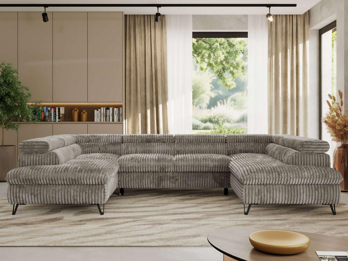 WOHNLANDSCHAFT PABLO U Cord Hellbraun mit Topper Visco - Schwarz/Grau, Textil/Metall (346/76/208cm) - MKS