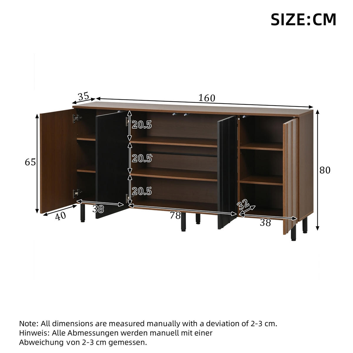 SIDEBOARD in Walnussfarben und Schwarz mit 4 Schranktüren für Küche, B160/T35/H80 cm - Walnussfarben/Schwarz, Holzwerkstoff (160/80/35cm) - STILVORA
